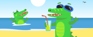 Cartoon alligator sipping a drink