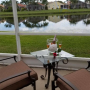 patio chairs looking out on to a stormwater pond