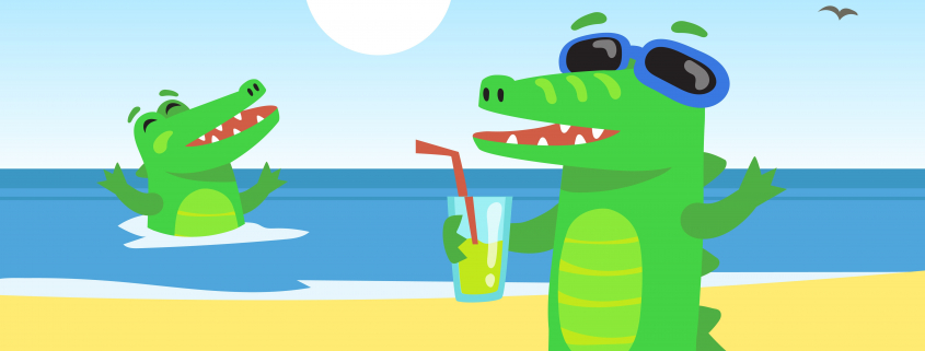Cartoon alligator sipping a drink